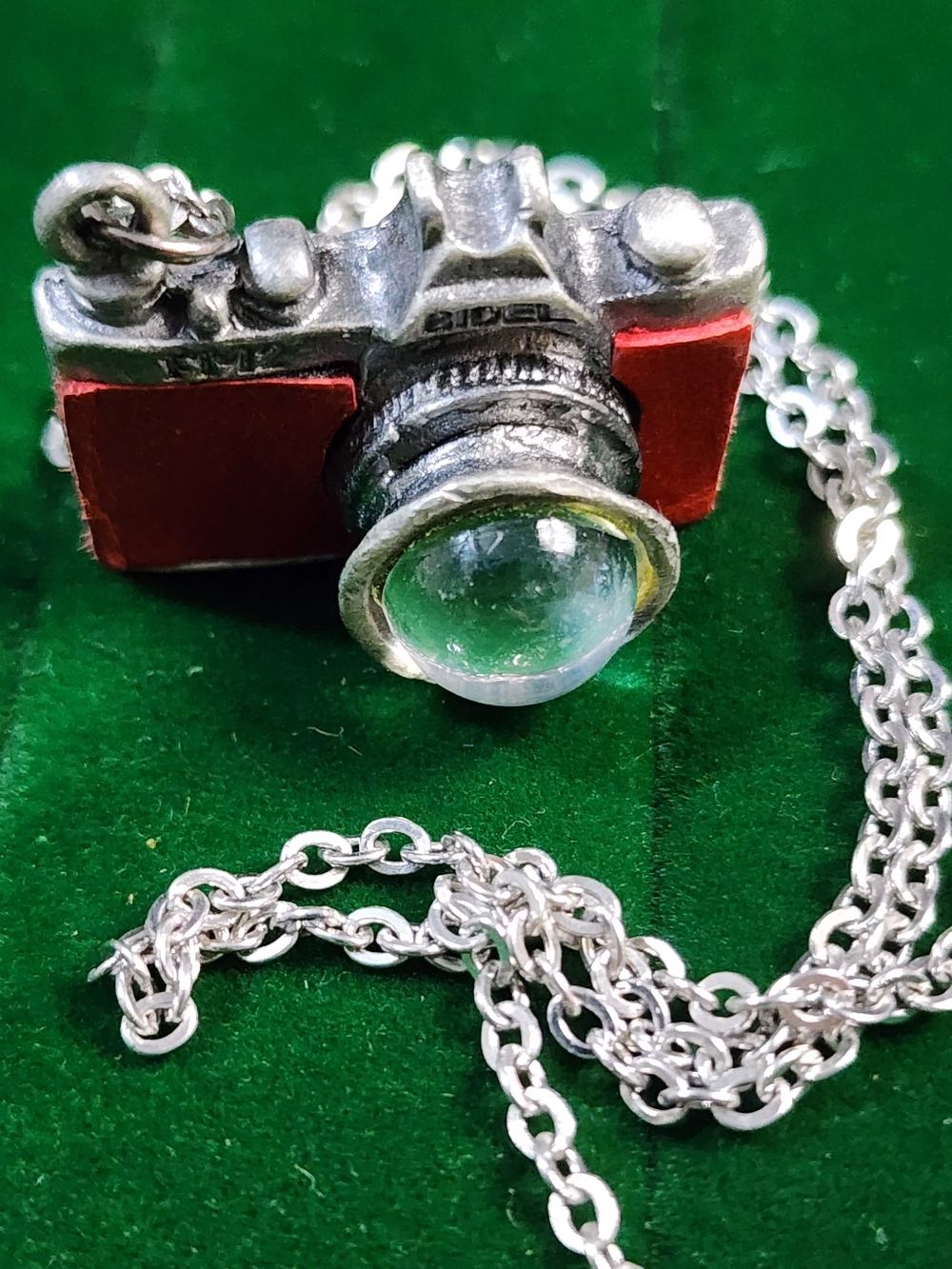 Vintage 80s  Red Mini Camera Necklace Pendant - Silver Tone